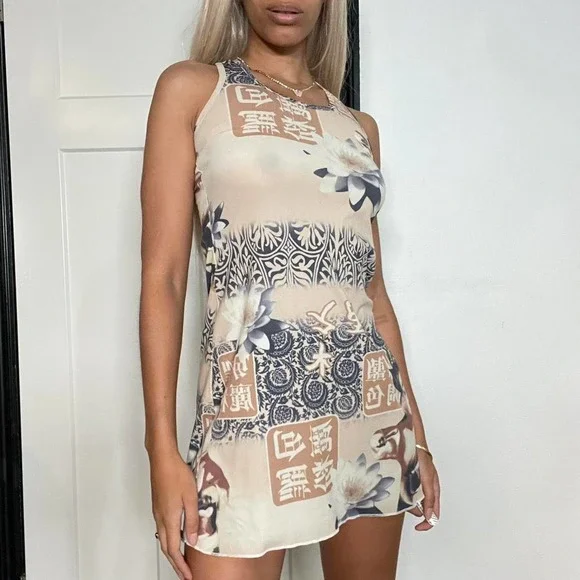 Vintage 2000s Mesh Print Mini Dress (XS-S) - Picture 3 of 7